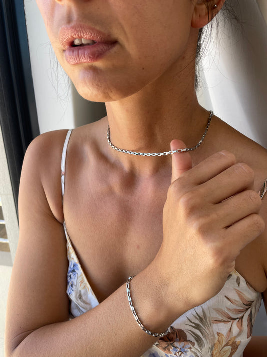 Silver Squarelink Necklace & Bracelet Set